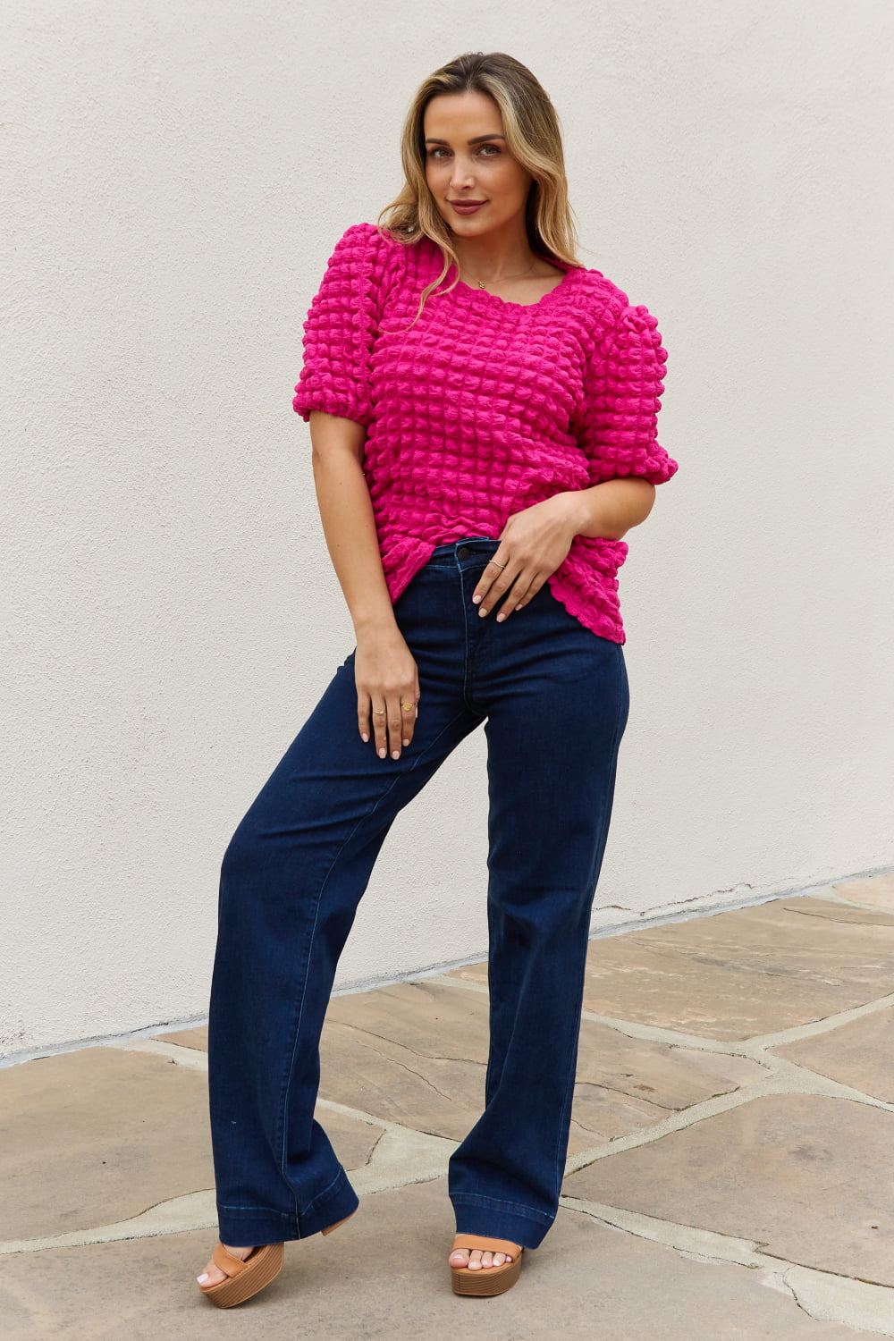 And The Why Full Size Bubble Textured Puff Sleeve Top - Blouse - Hot Pink - Bella Bourget