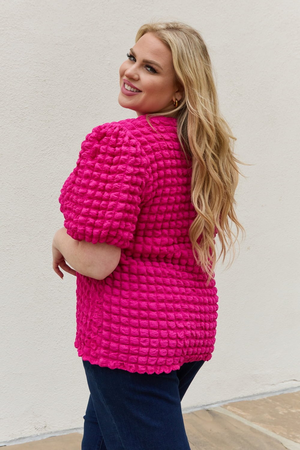 And The Why Full Size Bubble Textured Puff Sleeve Top - Blouse - Hot Pink - Bella Bourget