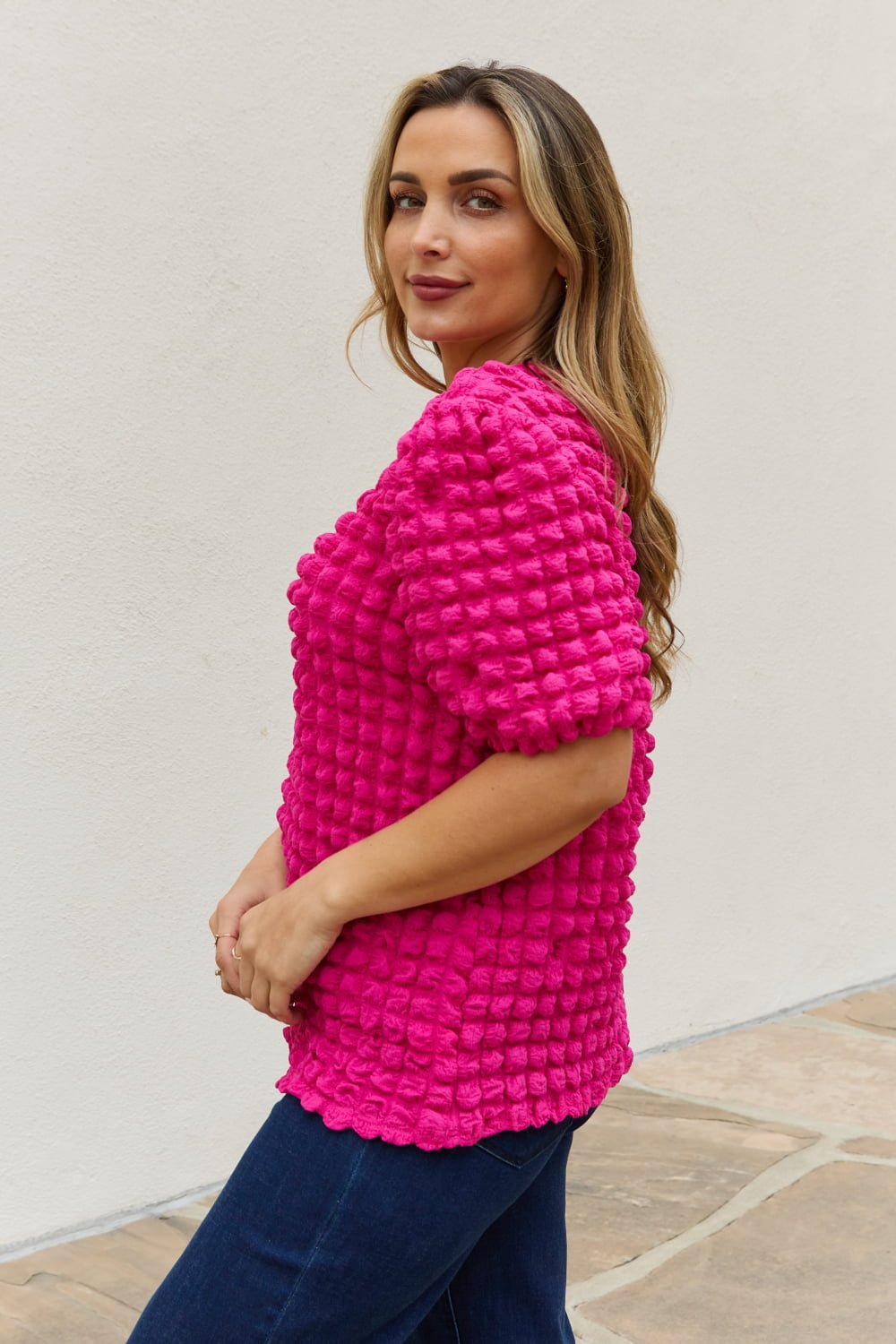 And The Why Full Size Bubble Textured Puff Sleeve Top - Blouse - Hot Pink - Bella Bourget