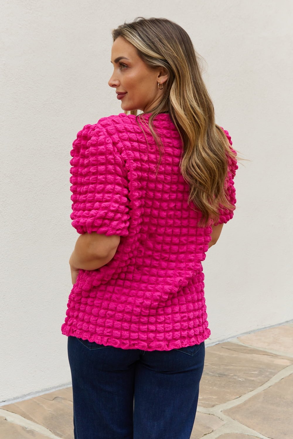 And The Why Full Size Bubble Textured Puff Sleeve Top - Blouse - Hot Pink - Bella Bourget