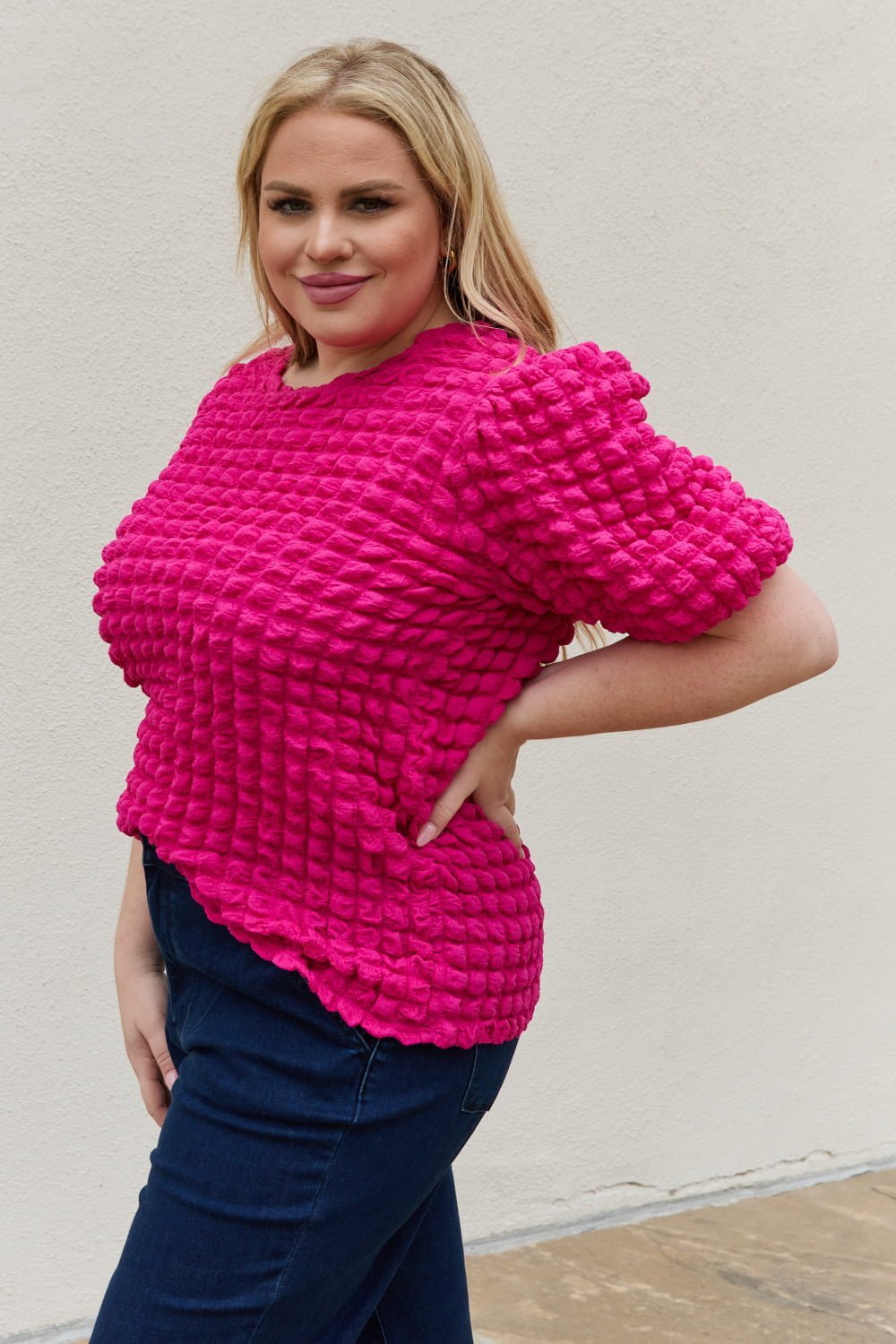 And The Why Full Size Bubble Textured Puff Sleeve Top - Blouse - Hot Pink - Bella Bourget