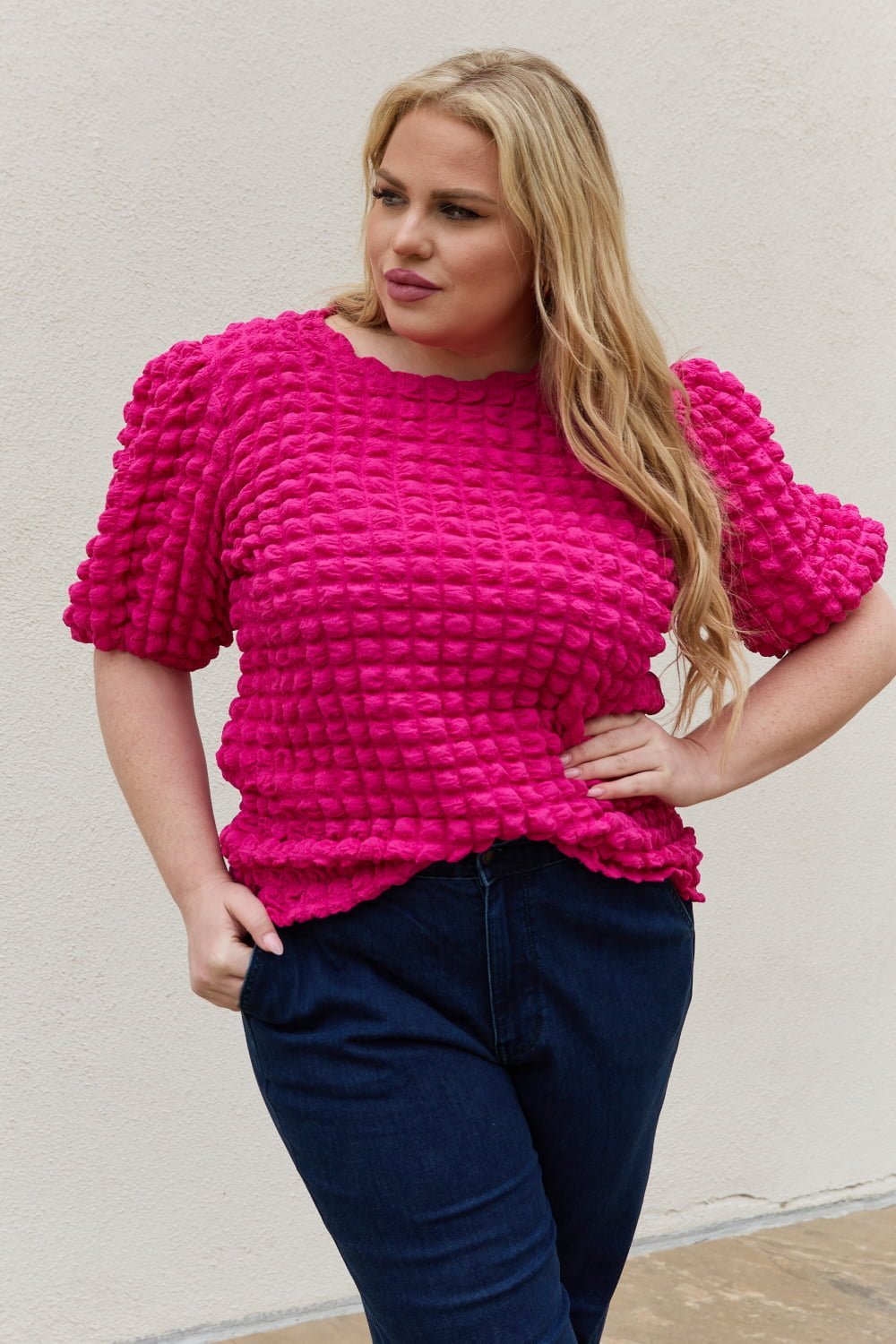 And The Why Full Size Bubble Textured Puff Sleeve Top - Blouse - Hot Pink - Bella Bourget