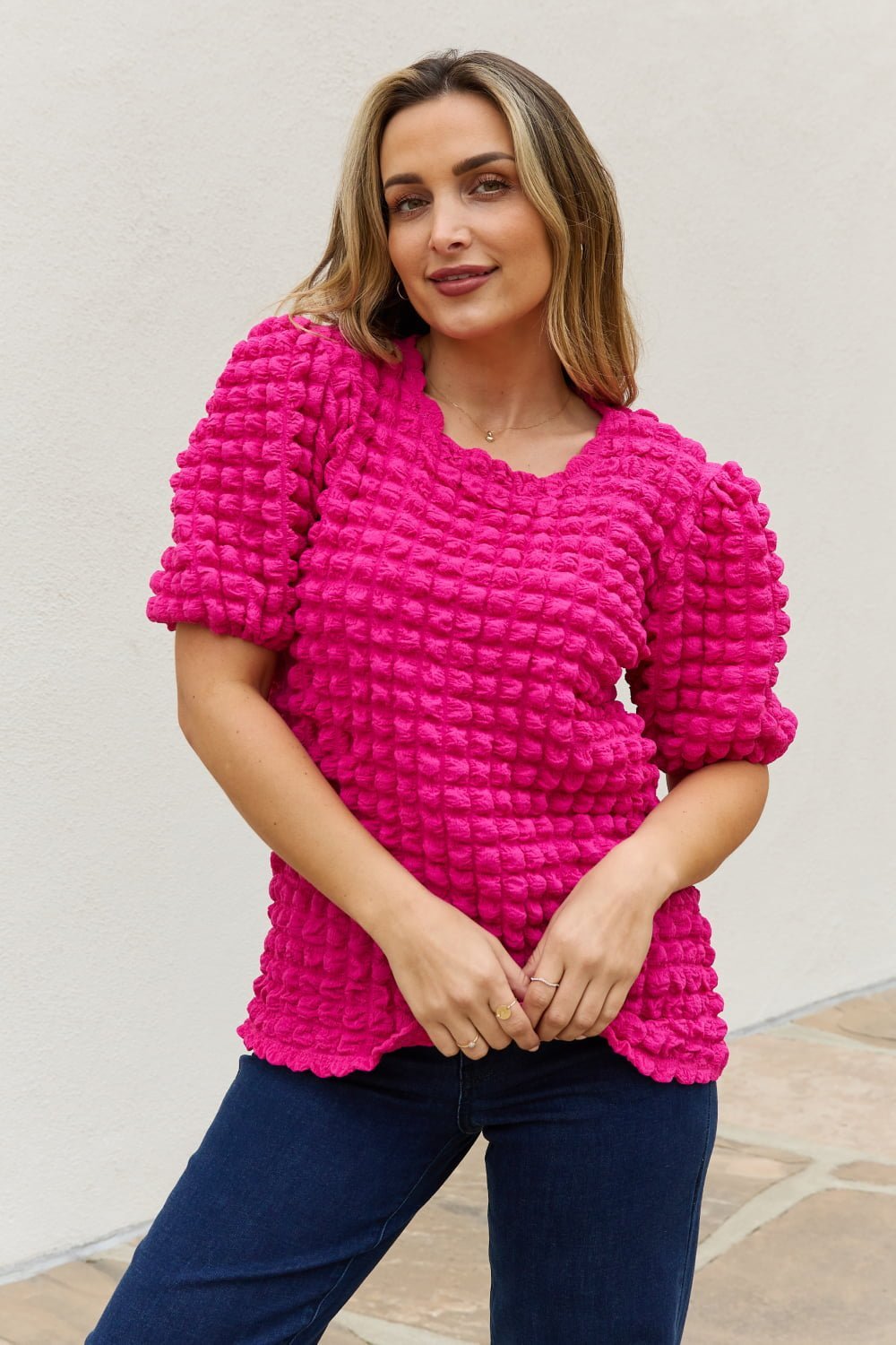 And The Why Full Size Bubble Textured Puff Sleeve Top - Blouse - Hot Pink - Bella Bourget