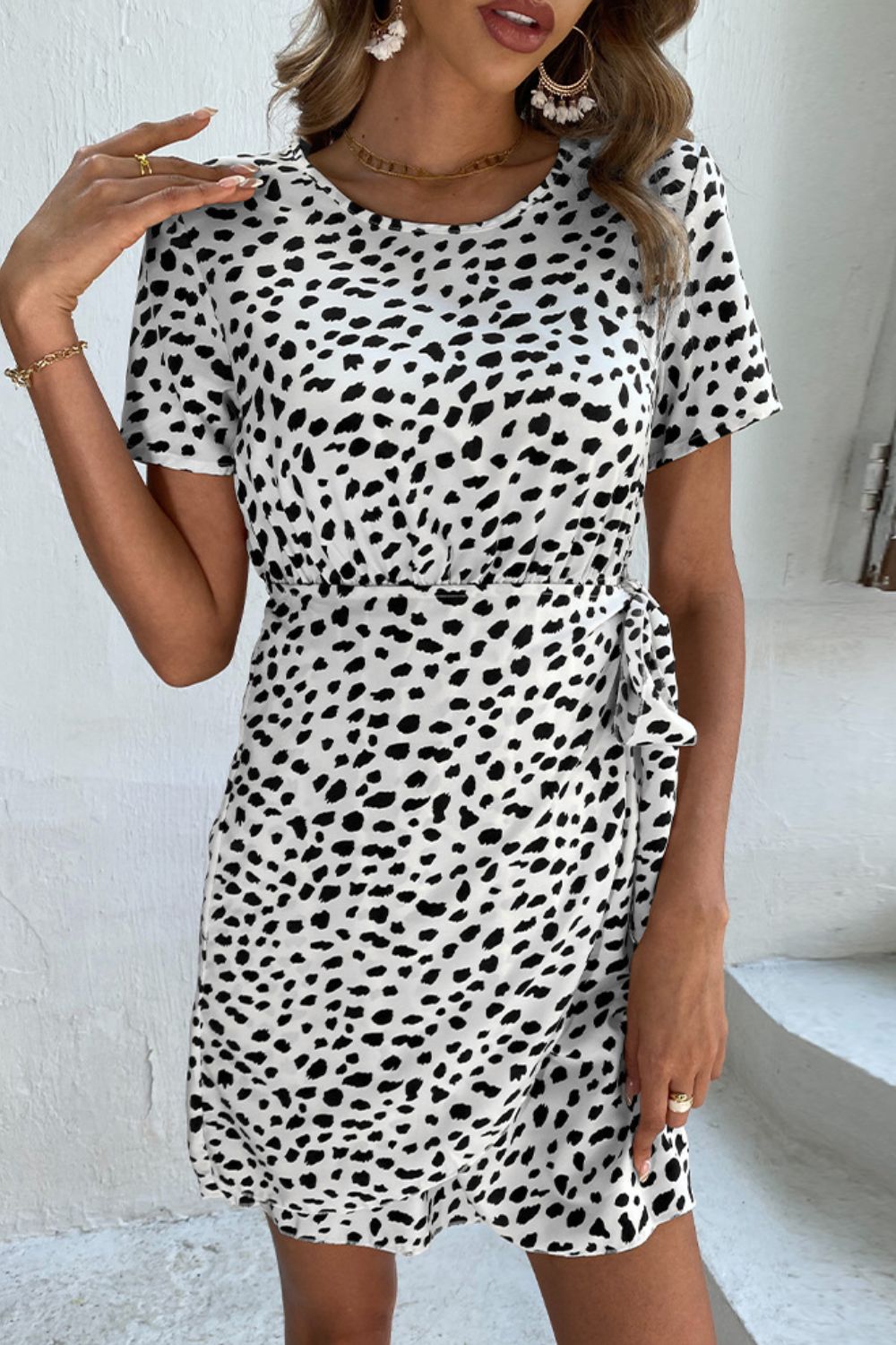 Animal Print Belted Keyhole Round Neck Dress - Dress - White - Bella Bourget