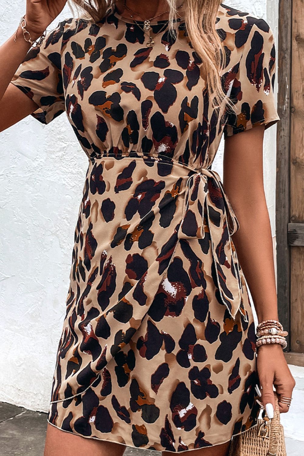 Animal Print Belted Keyhole Round Neck Dress - Dress - Black - Bella Bourget