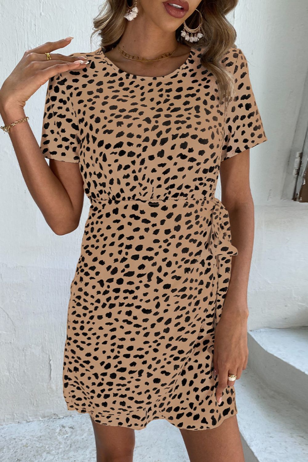 Animal Print Belted Keyhole Round Neck Dress - Dress - Caramel - Bella Bourget