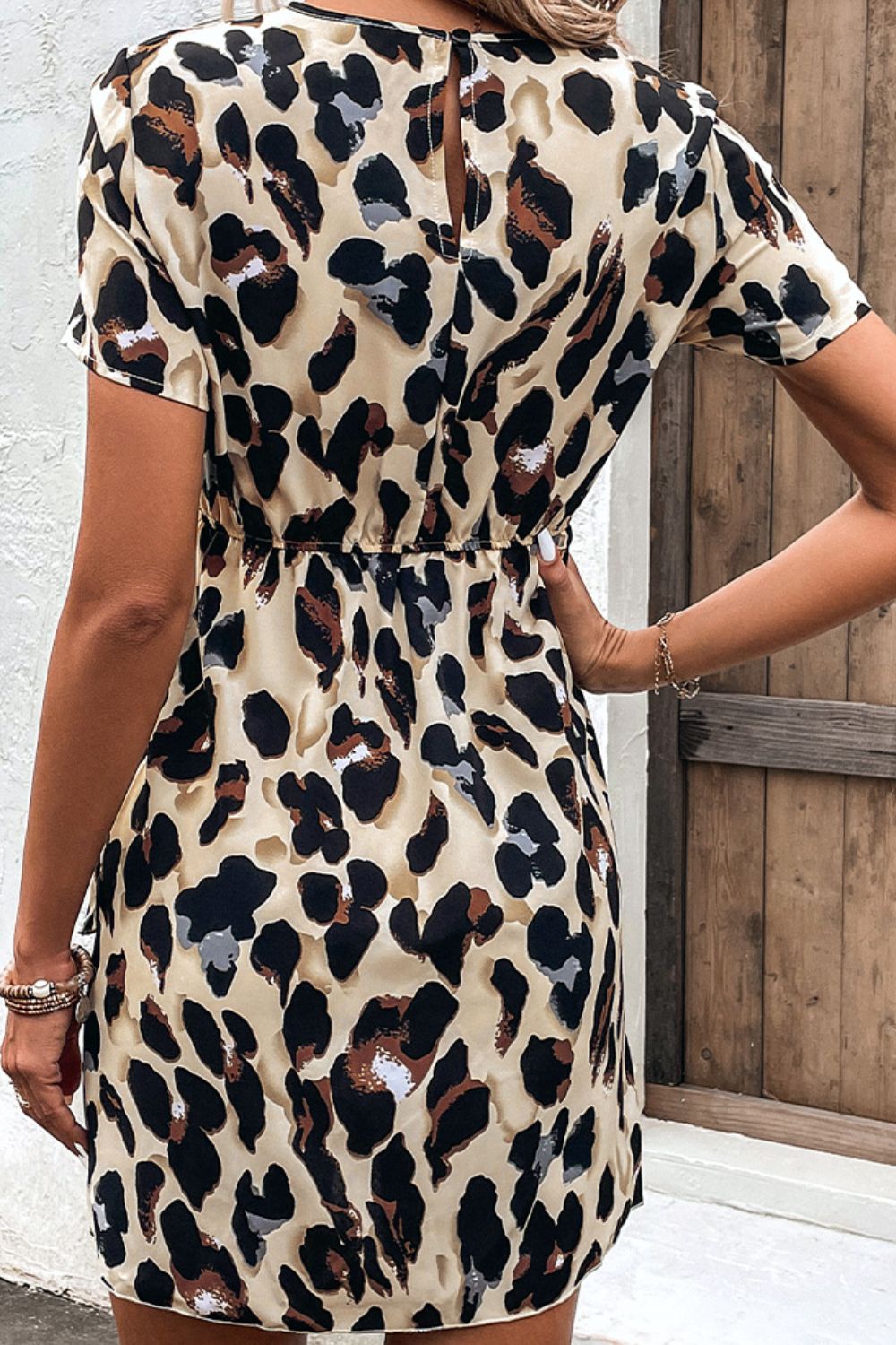 Animal Print Belted Keyhole Round Neck Dress - Dress - Sand - Bella Bourget