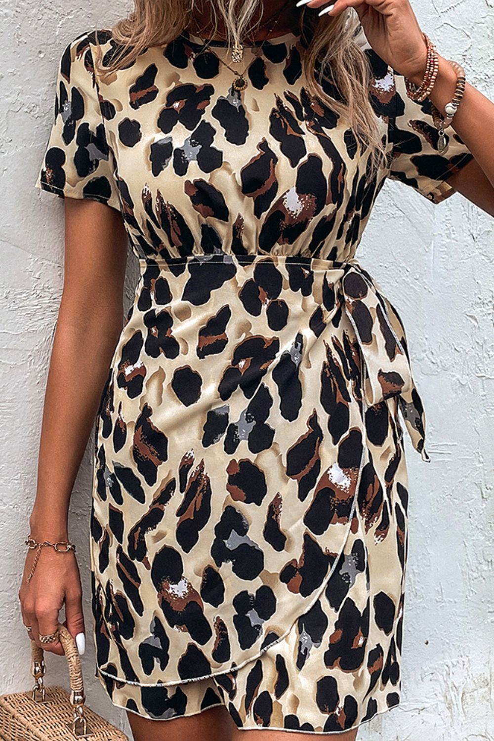 Animal Print Belted Keyhole Round Neck Dress - Dress - Sand - Bella Bourget