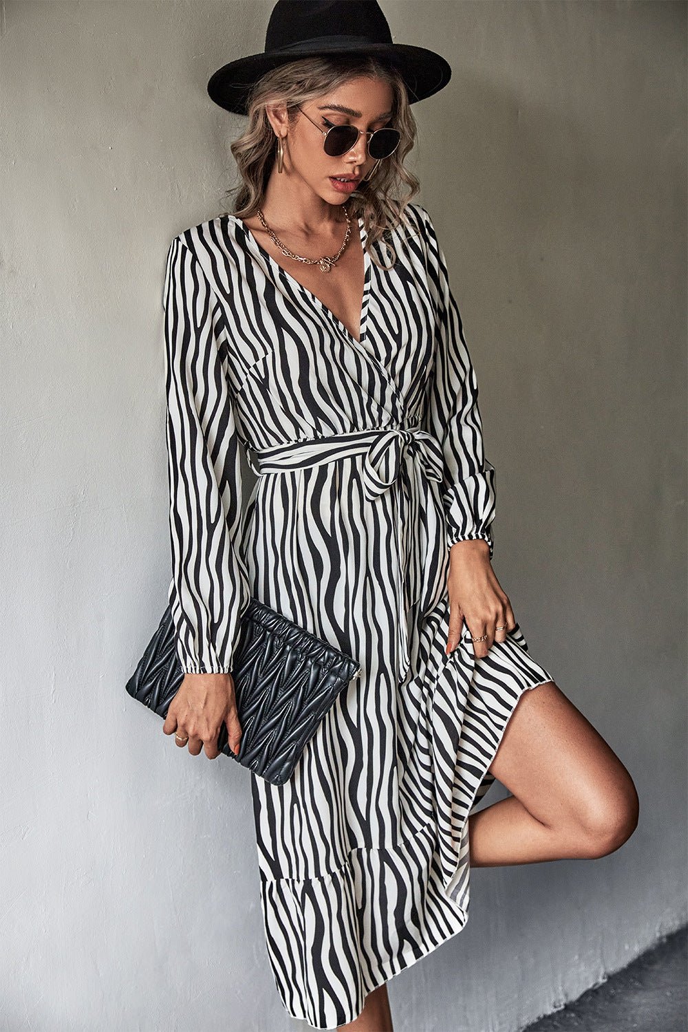 Animal Print Belted Midi Dress - Dress - Zebra - Bella Bourget