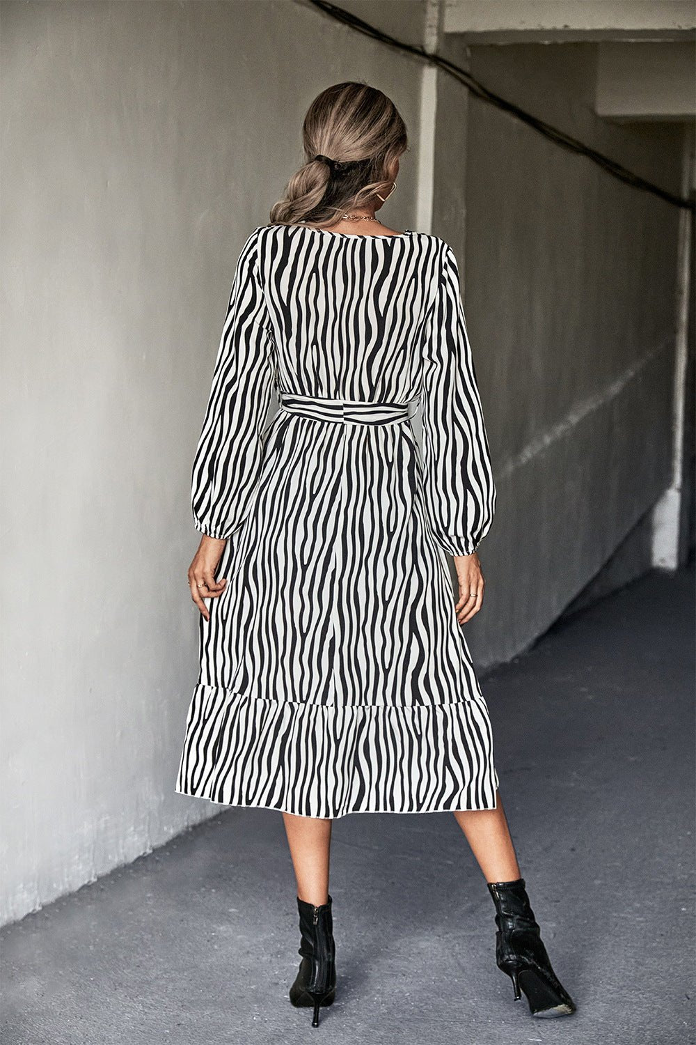 Animal Print Belted Midi Dress - Dress - Zebra - Bella Bourget