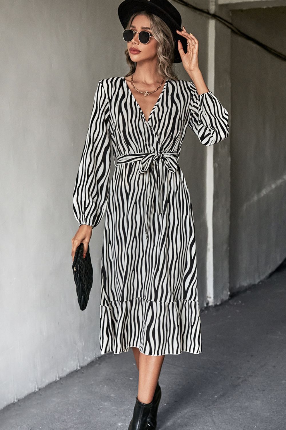 Animal Print Belted Midi Dress - Dress - Zebra - Bella Bourget