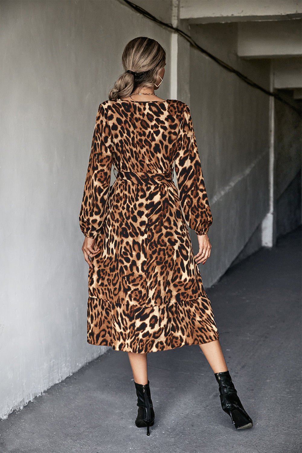 Animal Print Belted Midi Dress - Dress - Leopard - Bella Bourget