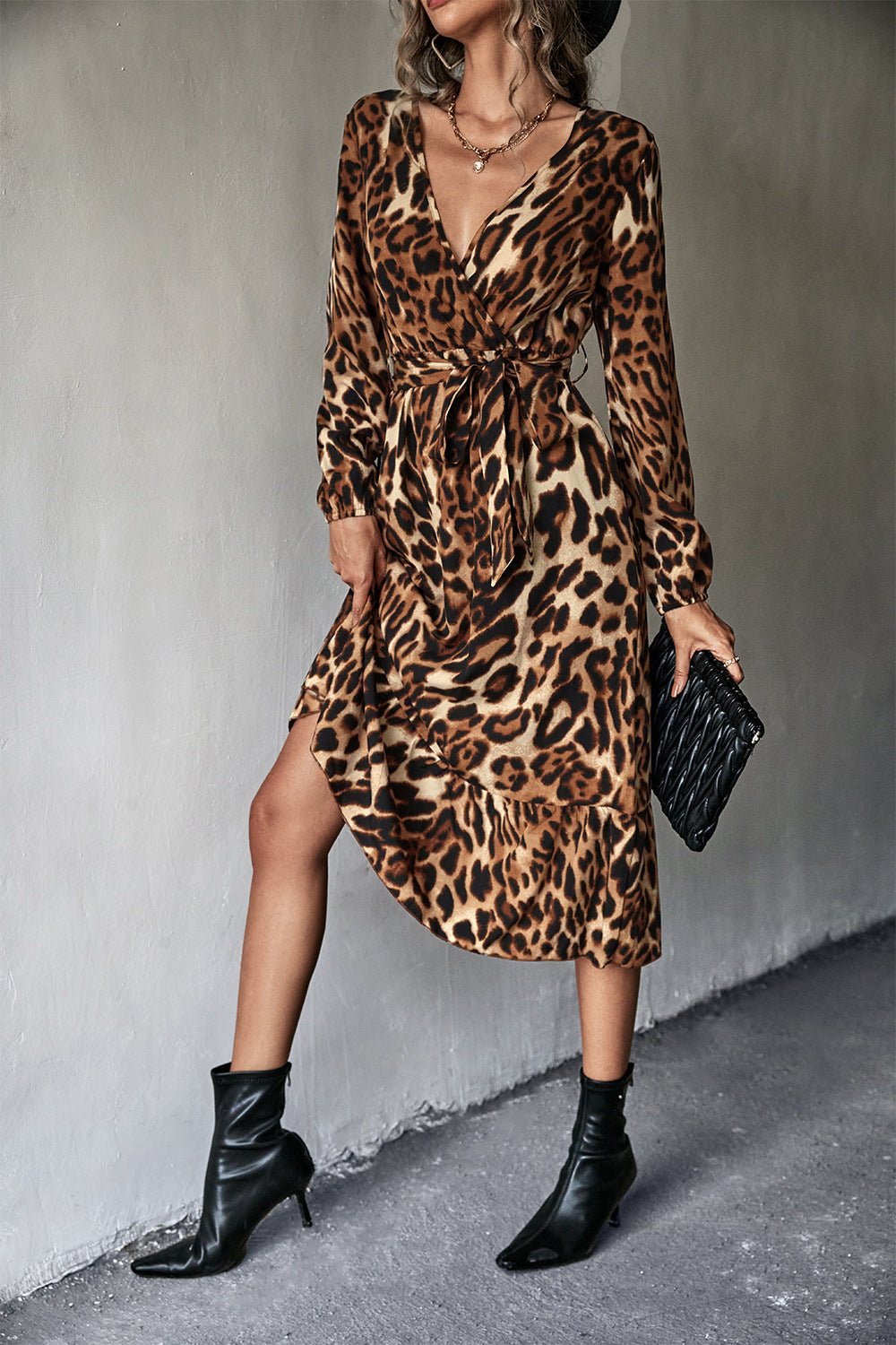 Animal Print Belted Midi Dress - Dress - Leopard - Bella Bourget