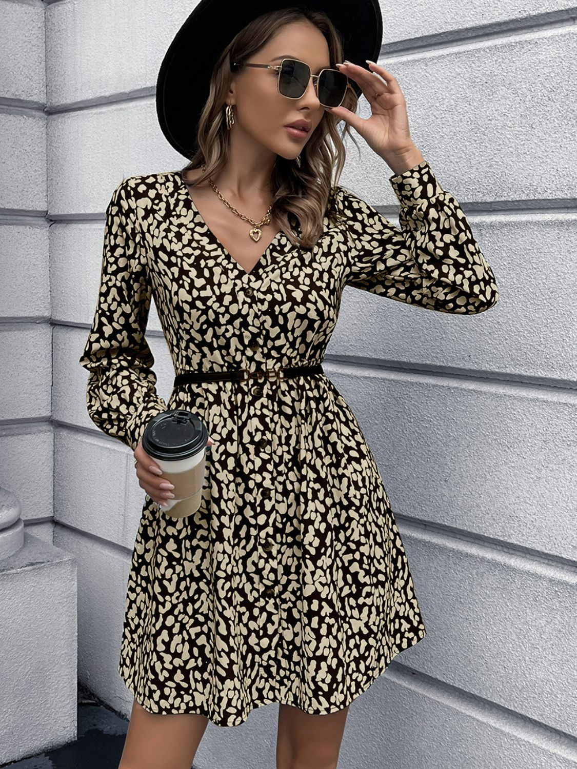 Animal Print Buttoned V - Neck Long Sleeve Dress - Dress - Black - Bella Bourget