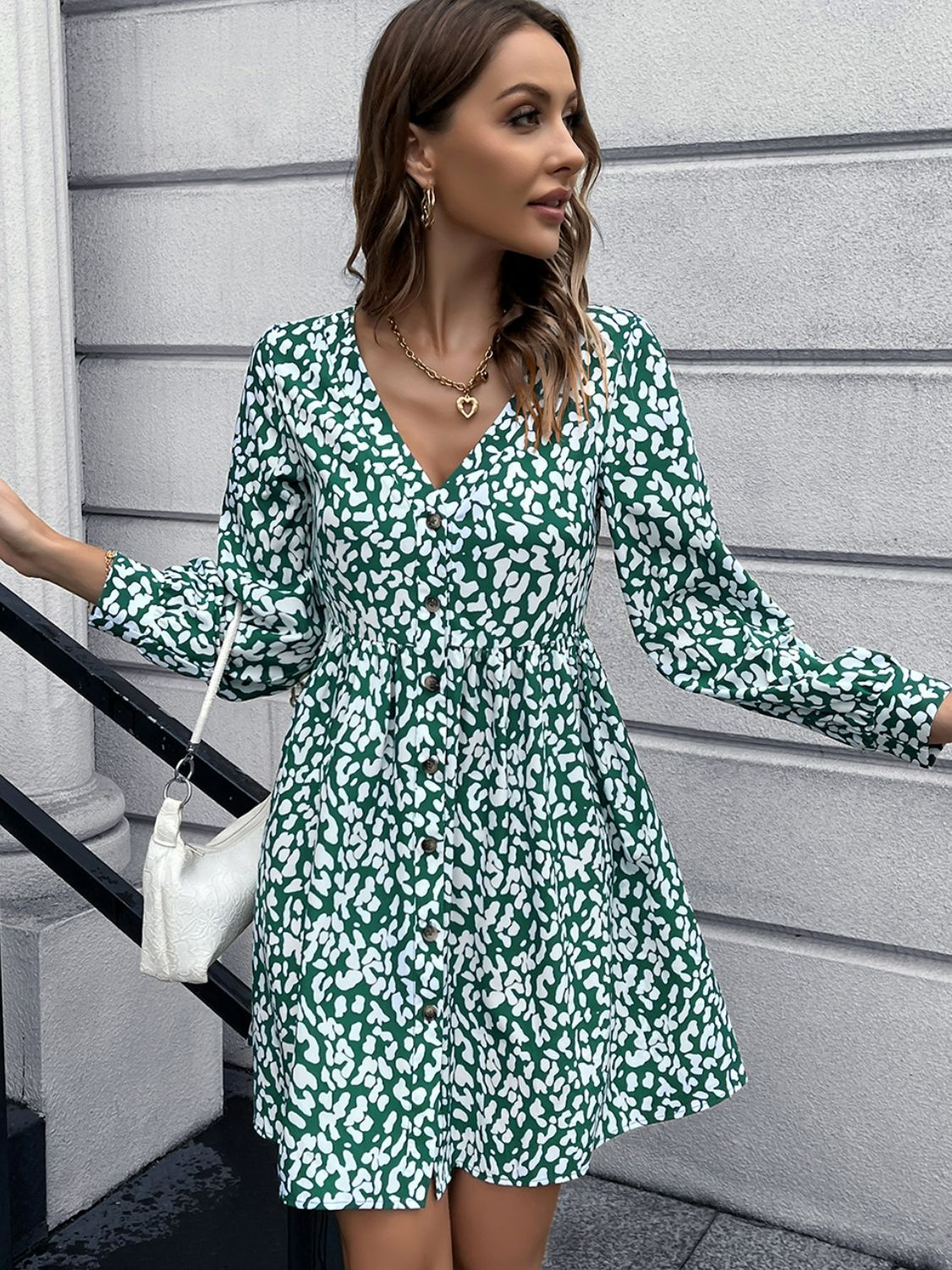 Animal Print Buttoned V - Neck Long Sleeve Dress - Dress - Green - Bella Bourget