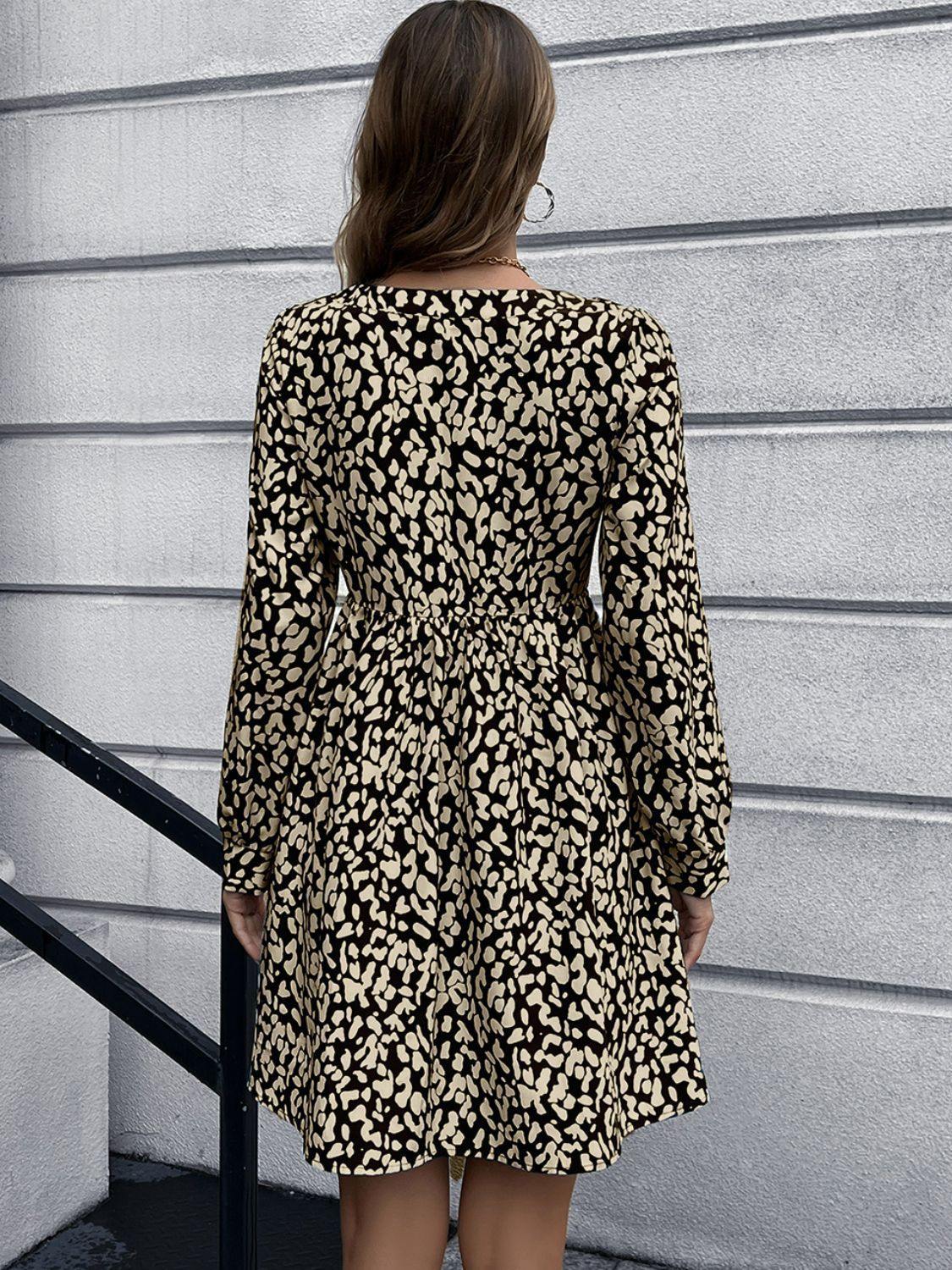 Animal Print Buttoned V - Neck Long Sleeve Dress - Dress - Black - Bella Bourget