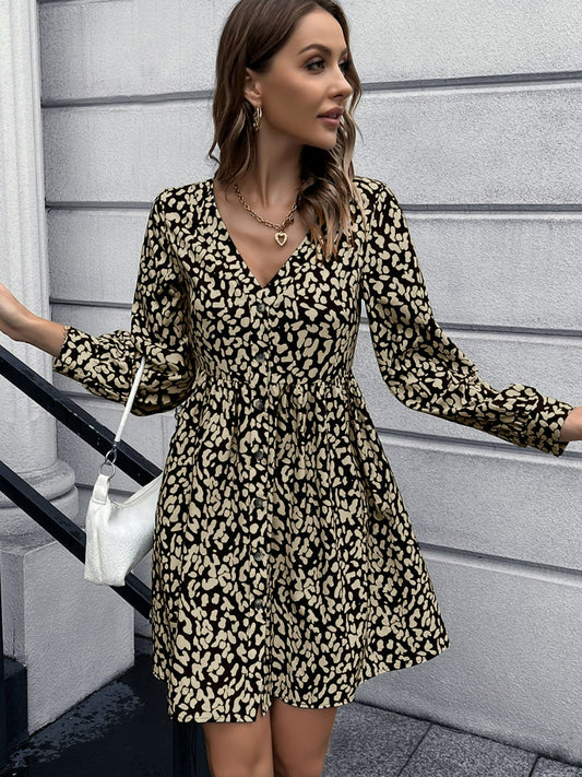 Animal Print Buttoned V - Neck Long Sleeve Dress - Dress - Black - Bella Bourget