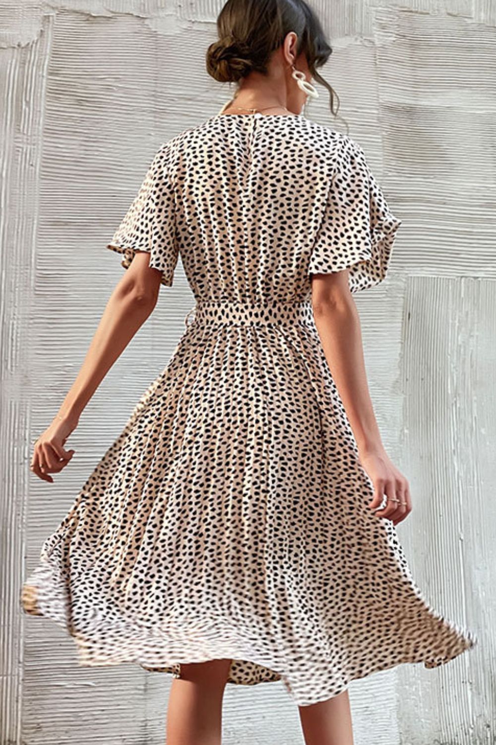 Animal Print Tie - Waist Pleated Dress - Dress - Apricot - Bella Bourget