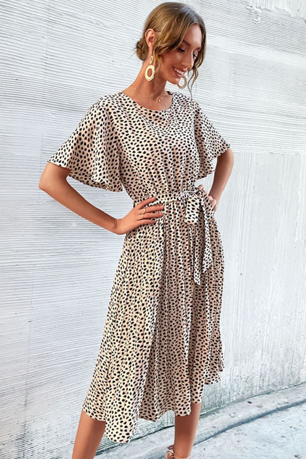 Animal Print Tie - Waist Pleated Dress - Dress - Apricot - Bella Bourget