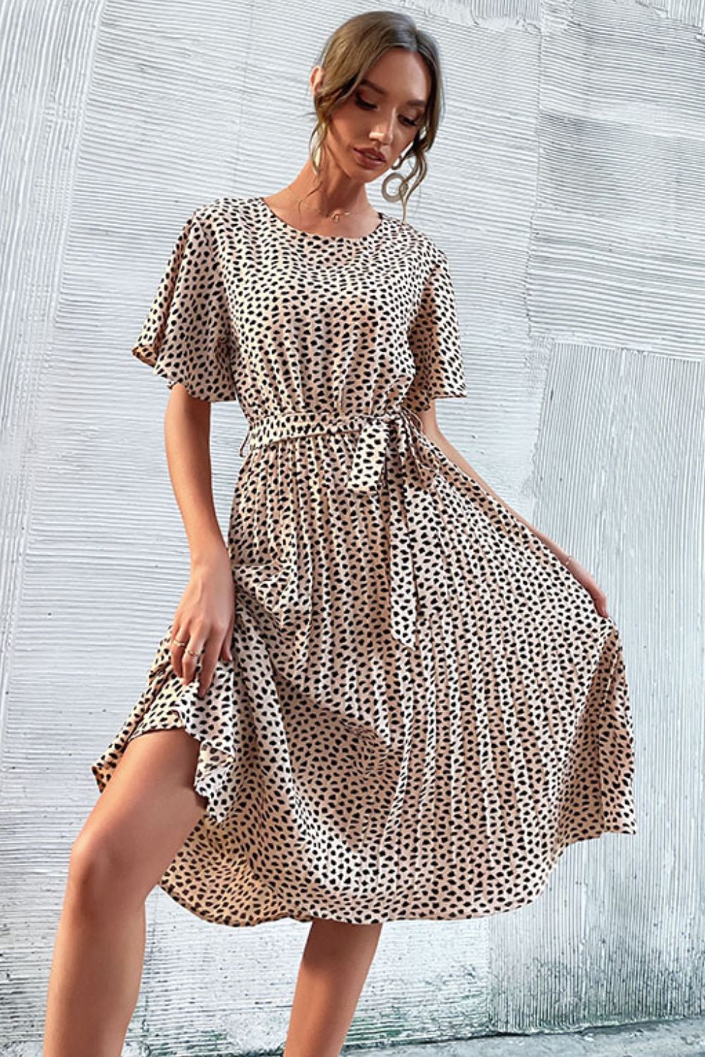 Animal Print Tie - Waist Pleated Dress - Dress - Apricot - Bella Bourget