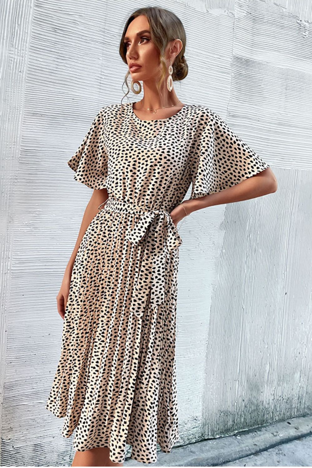 Animal Print Tie - Waist Pleated Dress - Dress - Apricot - Bella Bourget