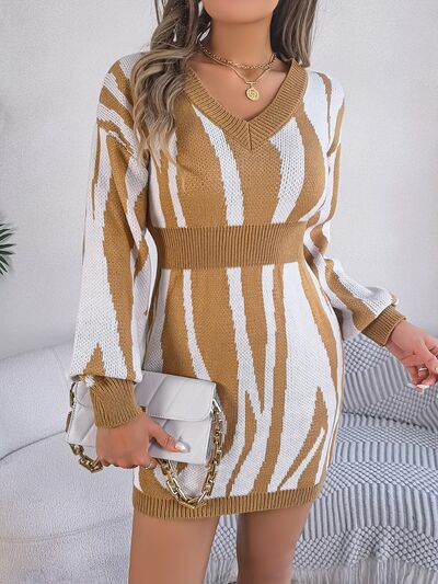 Animal Print V - Neck Long Sleeve Sweater Dress - Sweater Dress - Tan - Bella Bourget