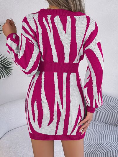 Animal Print V - Neck Long Sleeve Sweater Dress - Sweater Dress - Cerise - Bella Bourget