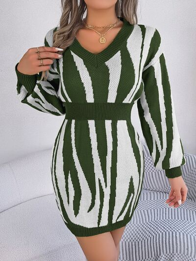 Animal Print V - Neck Long Sleeve Sweater Dress - Sweater Dress - Army Green - Bella Bourget