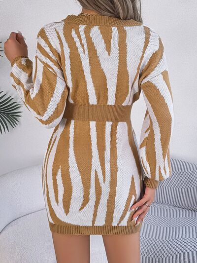 Animal Print V - Neck Long Sleeve Sweater Dress - Sweater Dress - Tan - Bella Bourget