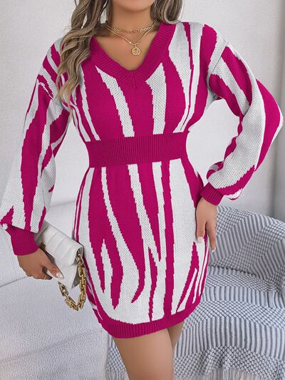 Animal Print V - Neck Long Sleeve Sweater Dress - Sweater Dress - Cerise - Bella Bourget