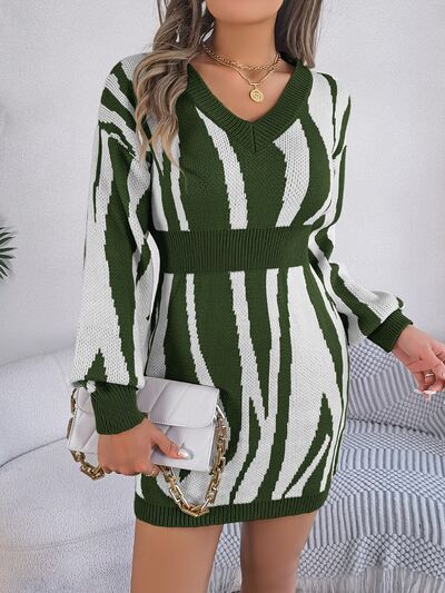 Animal Print V - Neck Long Sleeve Sweater Dress - Sweater Dress - Army Green - Bella Bourget