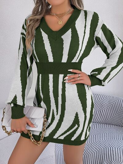 Animal Print V - Neck Long Sleeve Sweater Dress - Sweater Dress - Army Green - Bella Bourget