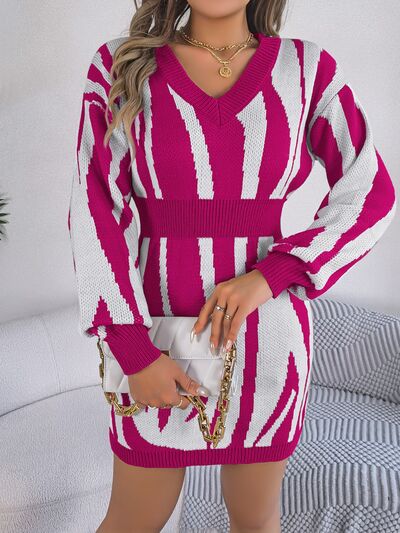 Animal Print V - Neck Long Sleeve Sweater Dress - Sweater Dress - Cerise - Bella Bourget