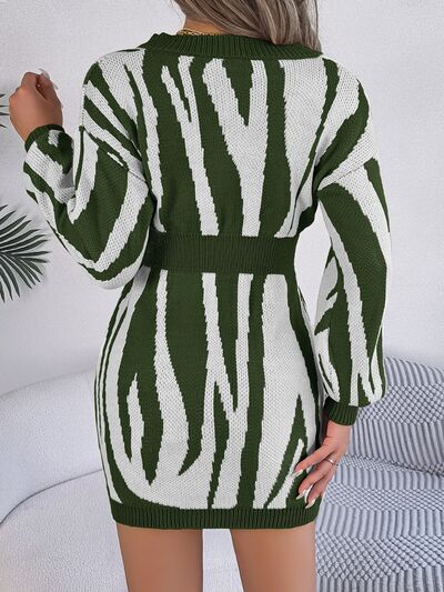 Animal Print V - Neck Long Sleeve Sweater Dress - Sweater Dress - Army Green - Bella Bourget