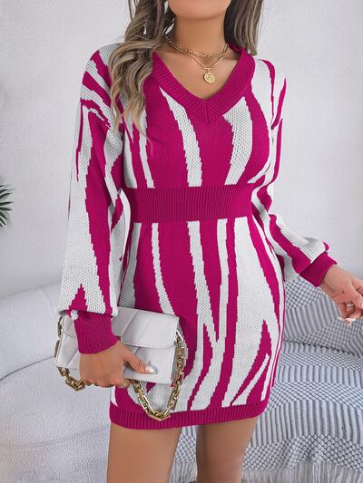 Animal Print V - Neck Long Sleeve Sweater Dress - Sweater Dress - Cerise - Bella Bourget