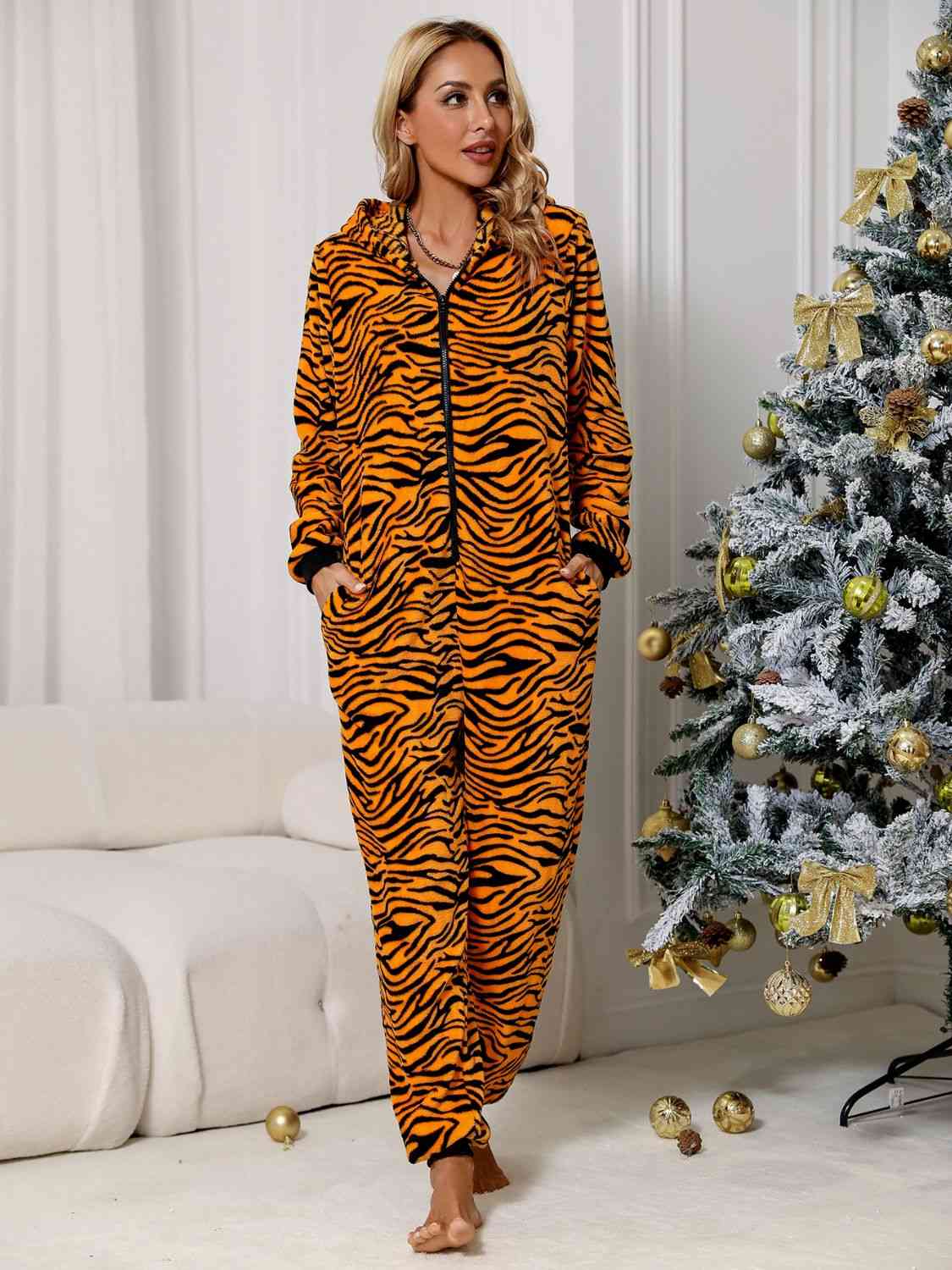 Animal Print Zip Front Lounge Jumpsuit with Pockets - Jumpsuit - Zebra - Bella Bourget