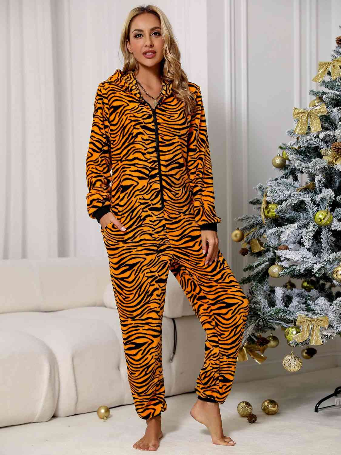 Animal Print Zip Front Lounge Jumpsuit with Pockets - Jumpsuit - Zebra - Bella Bourget