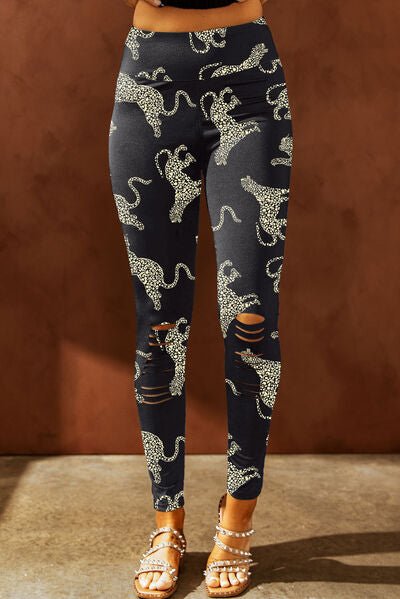 Animal Printed Distressed High Waist Leggings - Leggings - Black - Bella Bourget