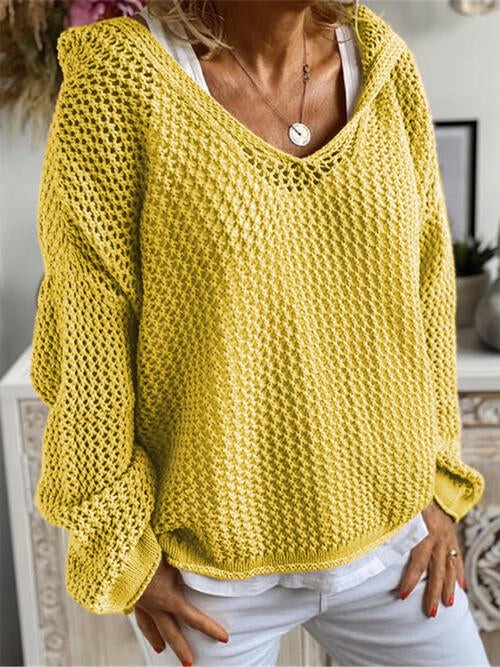 Openwork Hooded Long Sleeve Sweater - Open Weave Sweater - Banana Yellow - Bella Bourget