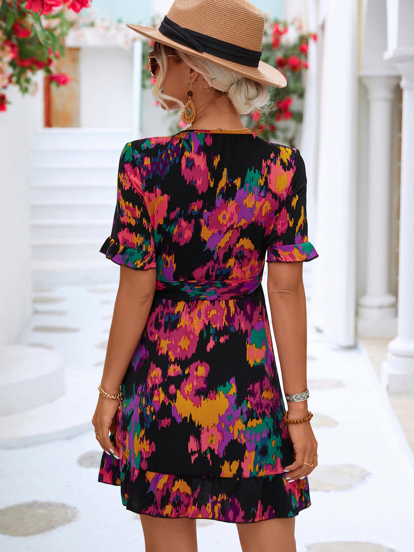 Printed Flounce Sleeve Tied Dress - Dress - Black - Bella Bourget