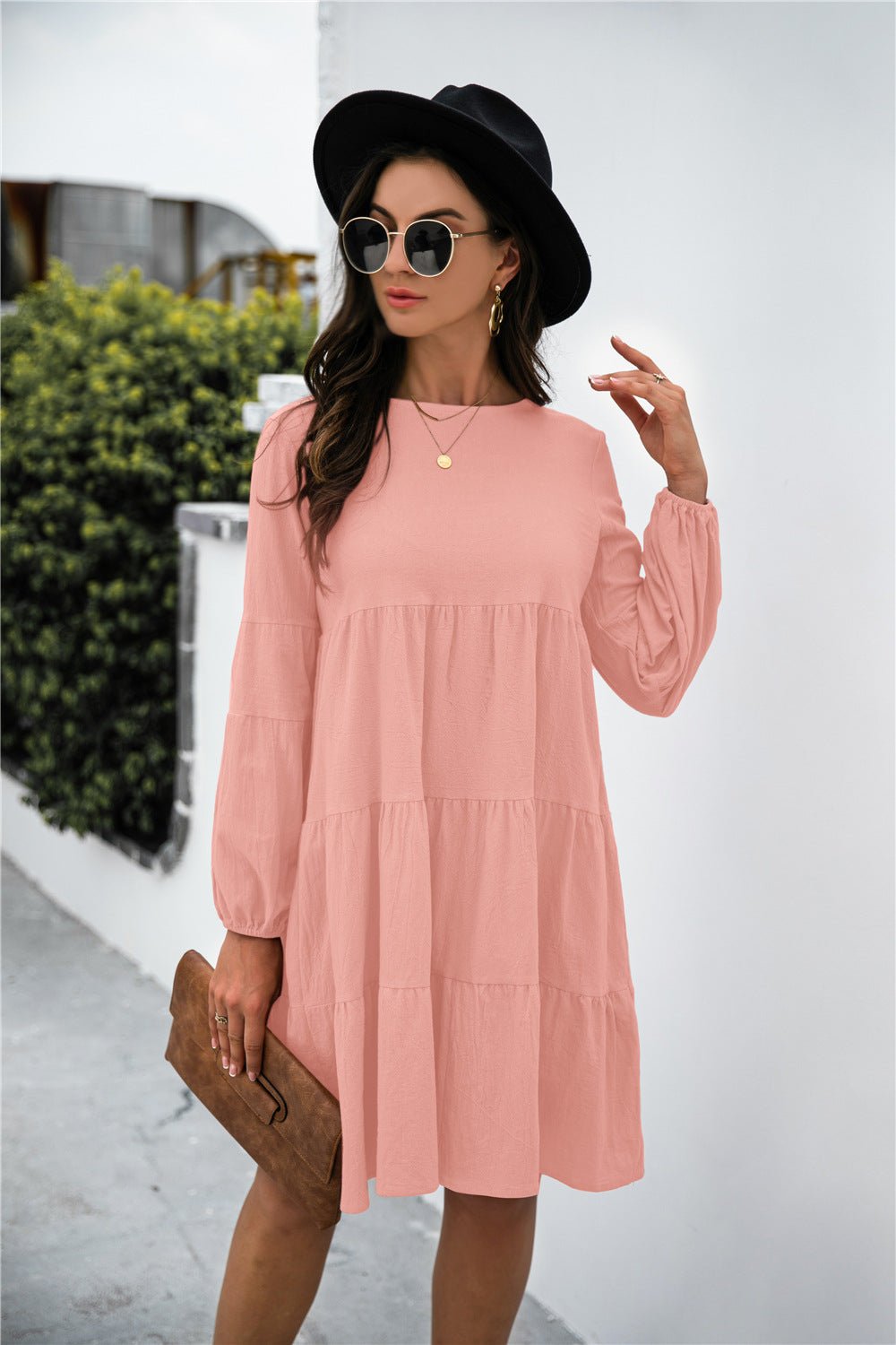 Balloon Sleeve Keyhole Tiered Dress - Dress - Peach - Bella Bourget