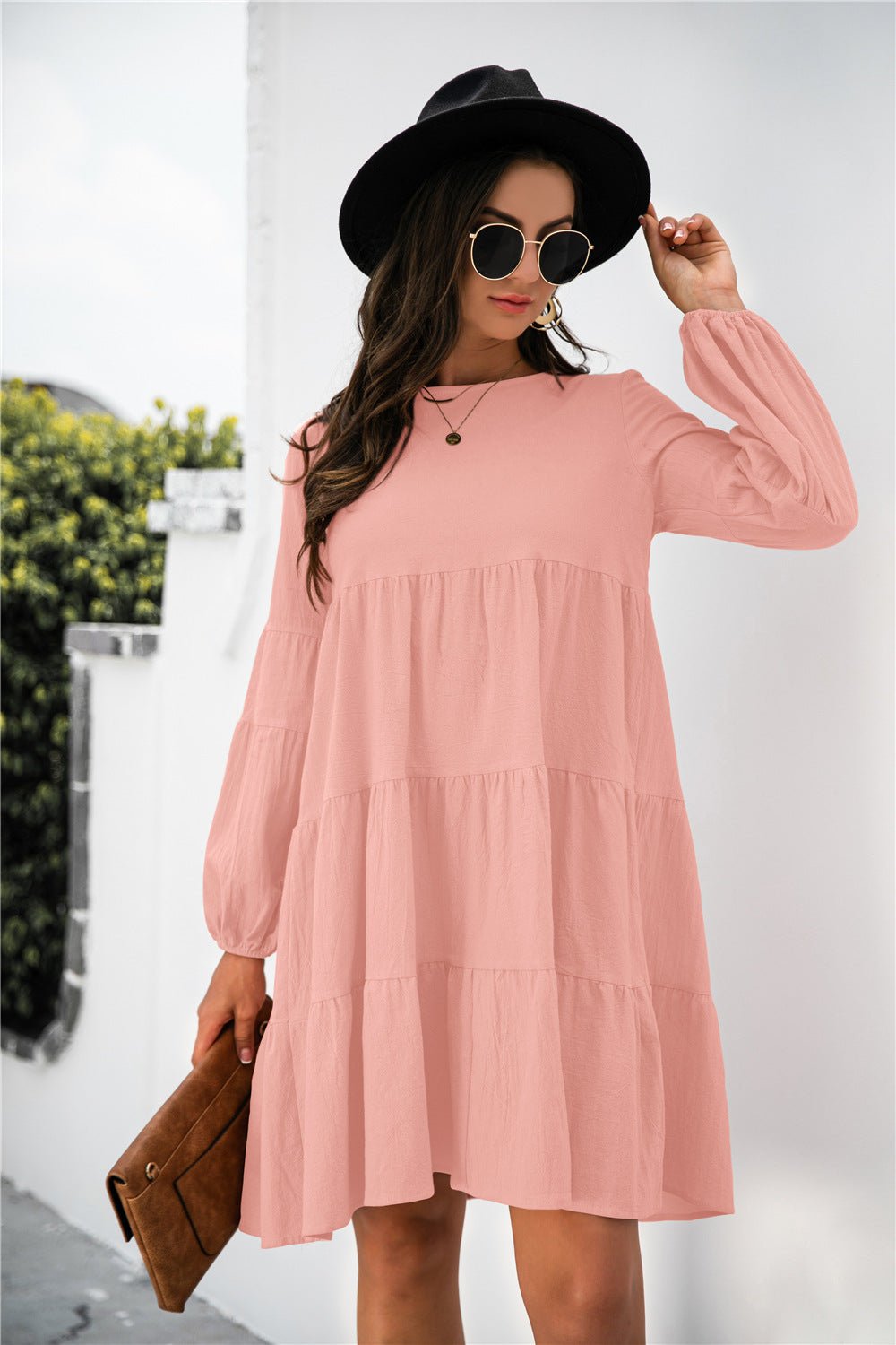 Balloon Sleeve Keyhole Tiered Dress - Dress - Peach - Bella Bourget