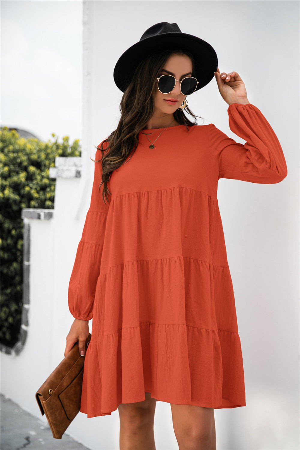 Balloon Sleeve Keyhole Tiered Dress - Dress - Orange - Bella Bourget