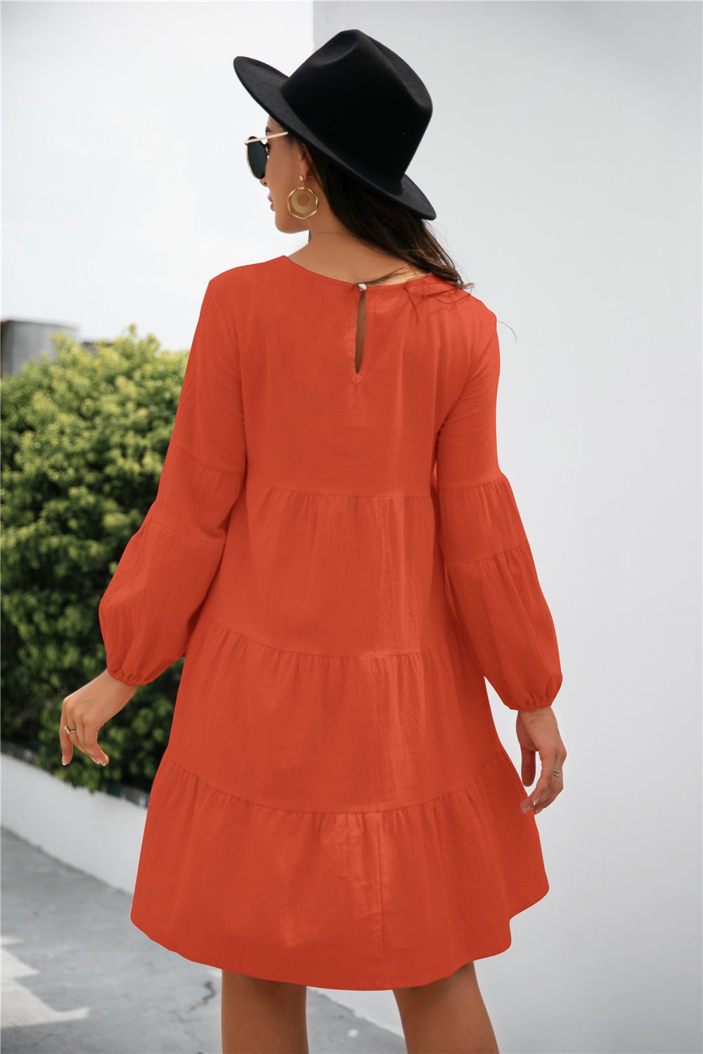 Balloon Sleeve Keyhole Tiered Dress - Dress - Orange - Bella Bourget