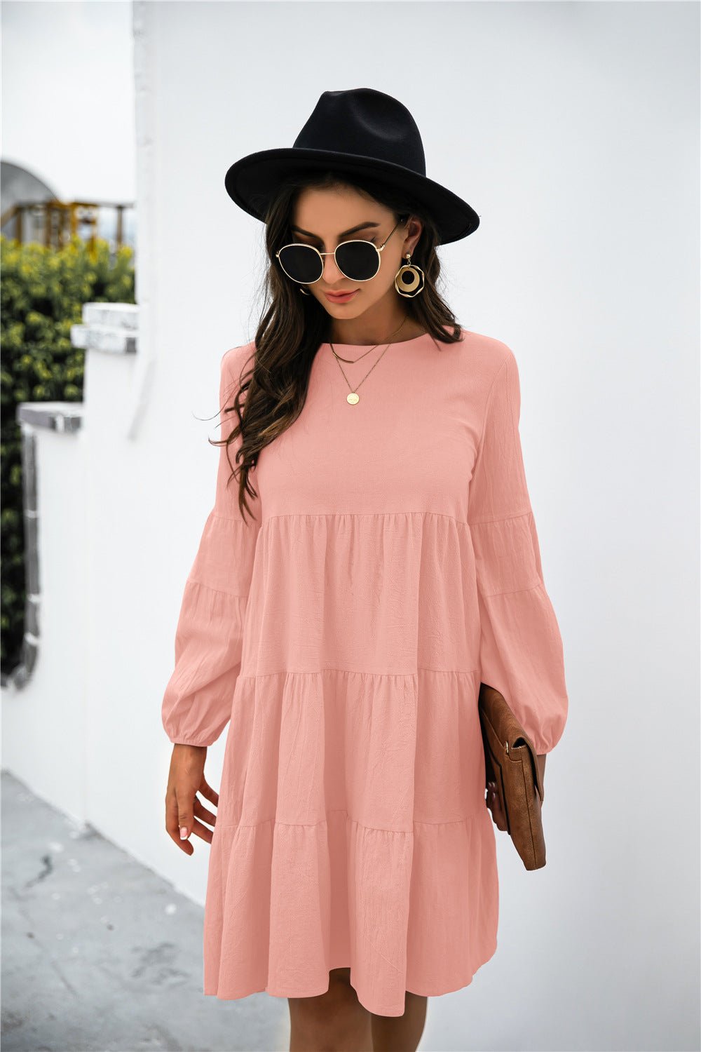 Balloon Sleeve Keyhole Tiered Dress - Dress - Peach - Bella Bourget