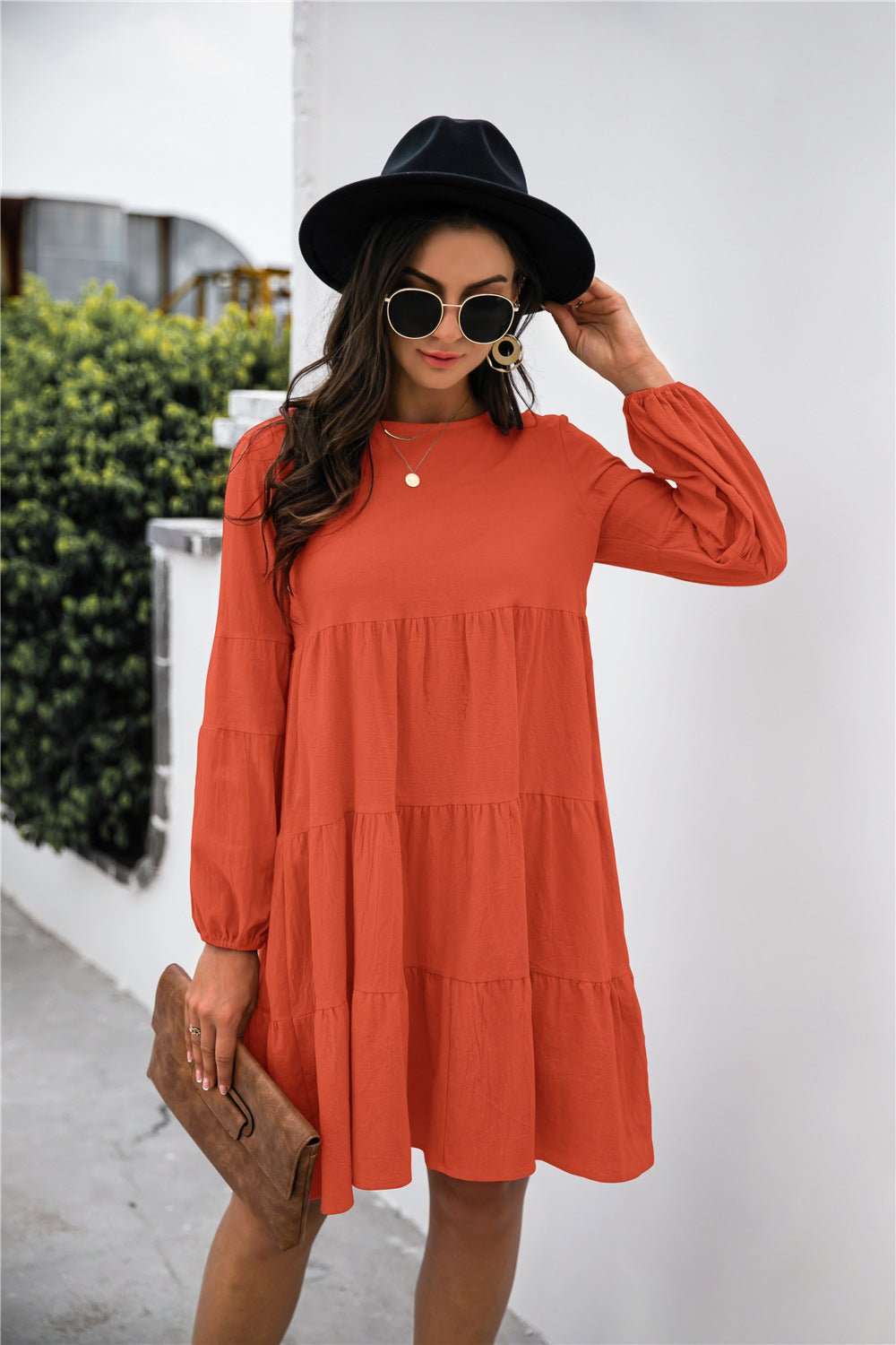 Balloon Sleeve Keyhole Tiered Dress - Dress - Orange - Bella Bourget