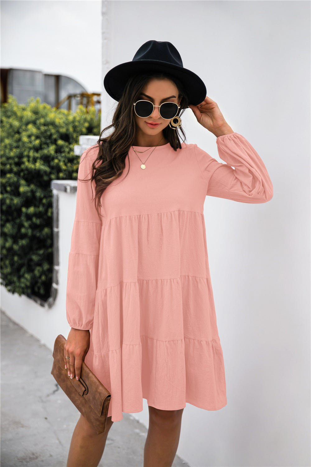 Balloon Sleeve Keyhole Tiered Dress - Dress - Peach - Bella Bourget