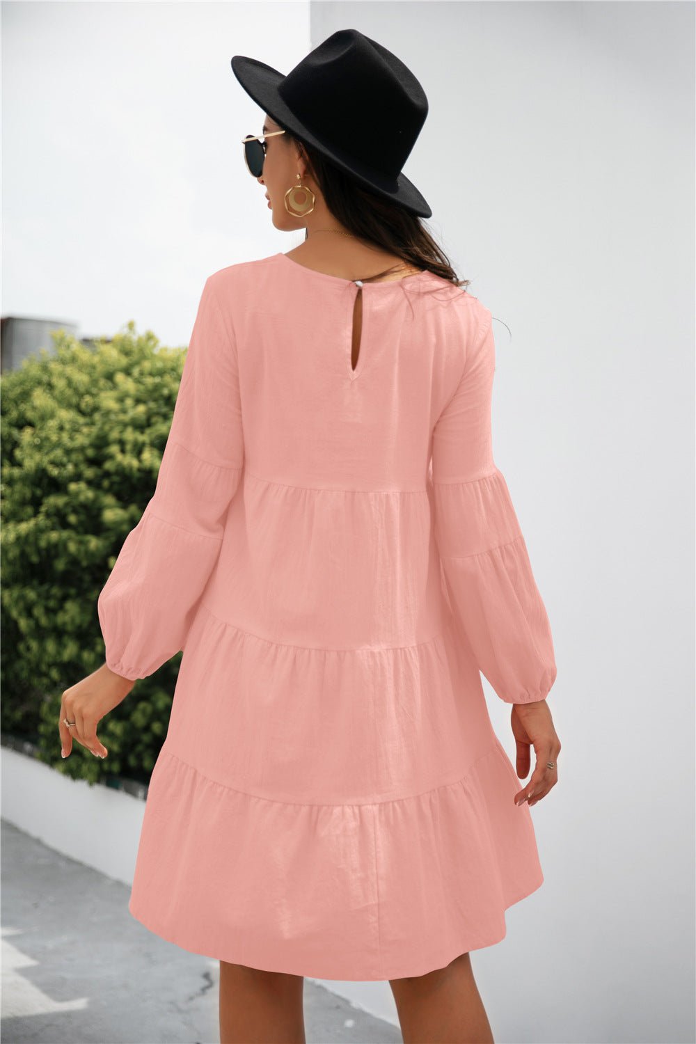 Balloon Sleeve Keyhole Tiered Dress - Dress - Peach - Bella Bourget