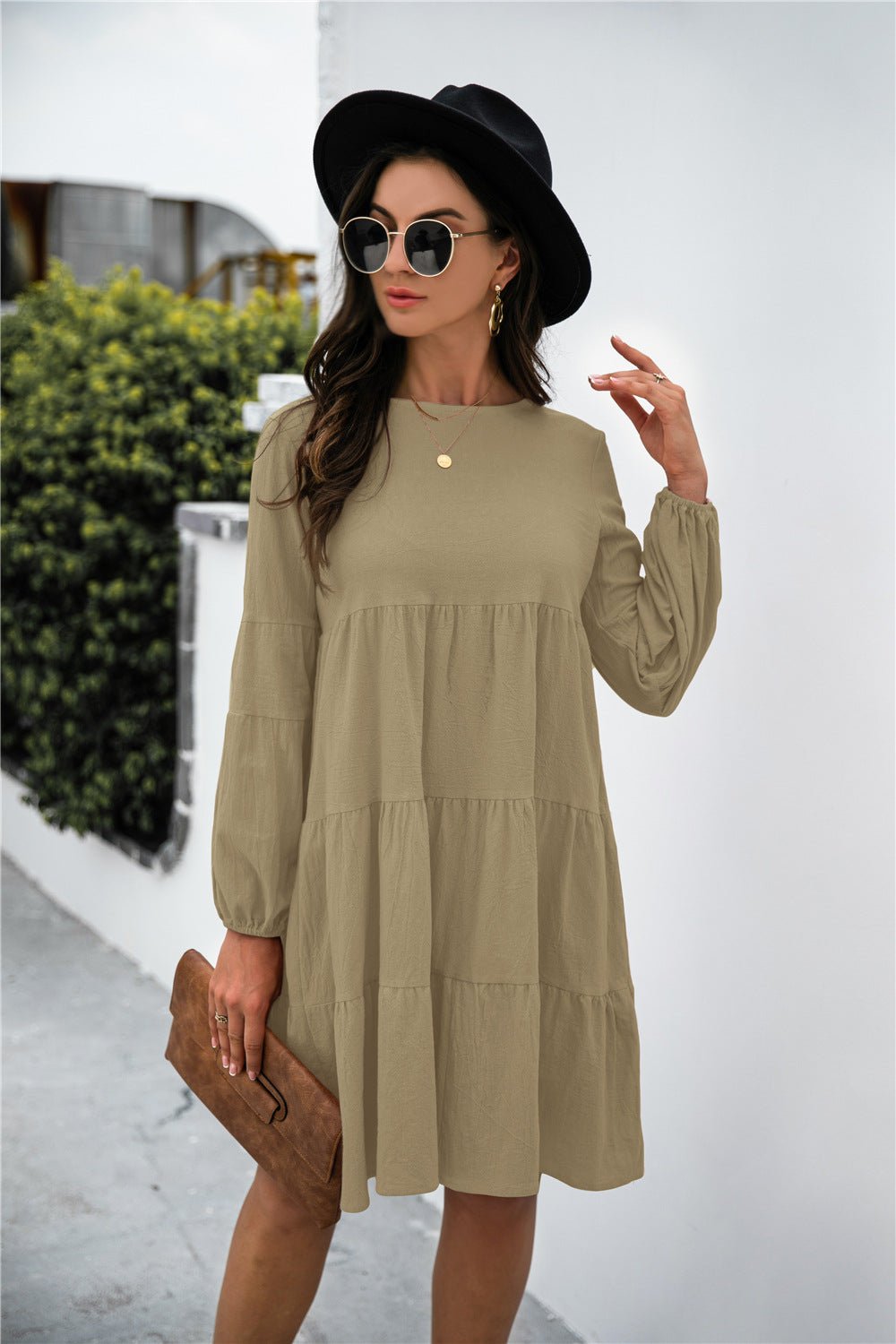 Balloon Sleeve Keyhole Tiered Dress - Dress - Mist Green - Bella Bourget