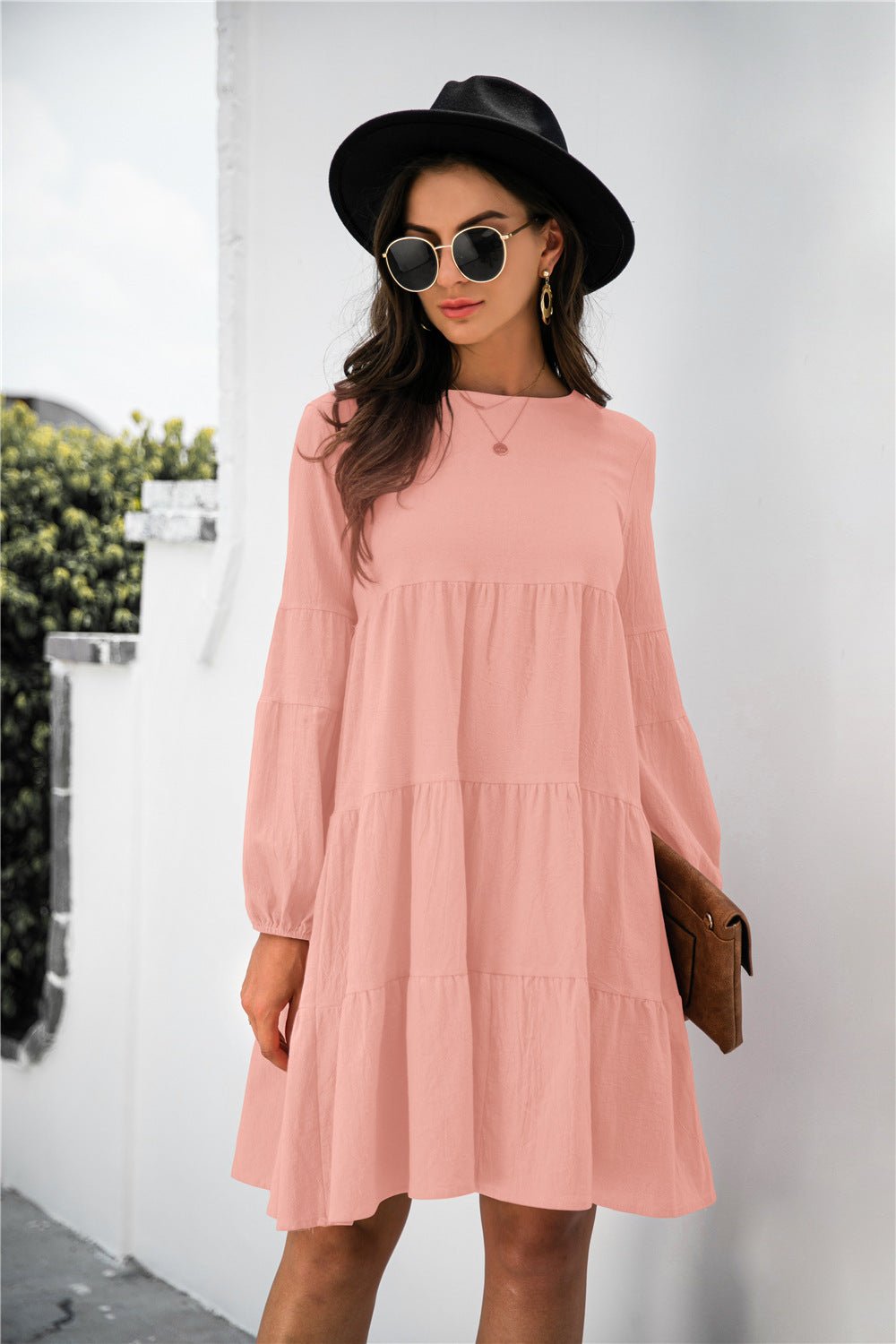 Balloon Sleeve Keyhole Tiered Dress - Dress - Peach - Bella Bourget